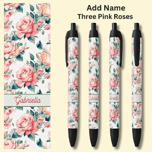Name 3 Pink Roses Flowers Floral  Black Ink Pen