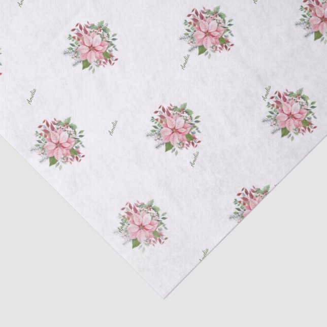 Name, 3 Tissue Sheets, Pink Poinsettia Pattern Tissue Paper (Detail)