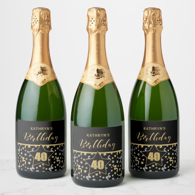 Name 40th Birthday Confetti Theme in Gold on Black Sparkling Wine Label (Bottles)