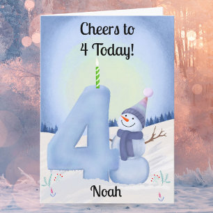 Name 4th Birthday Snowman with Snowy Four Card