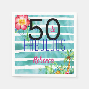 Name 50 and Fabulous Tropical Floral 50th Birthday Napkin
