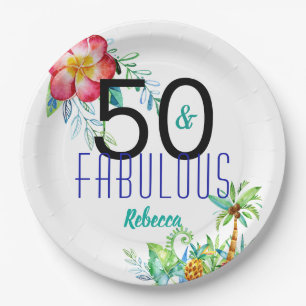 Name 50 and Fabulous Tropical Floral 50th Birthday Paper Plate