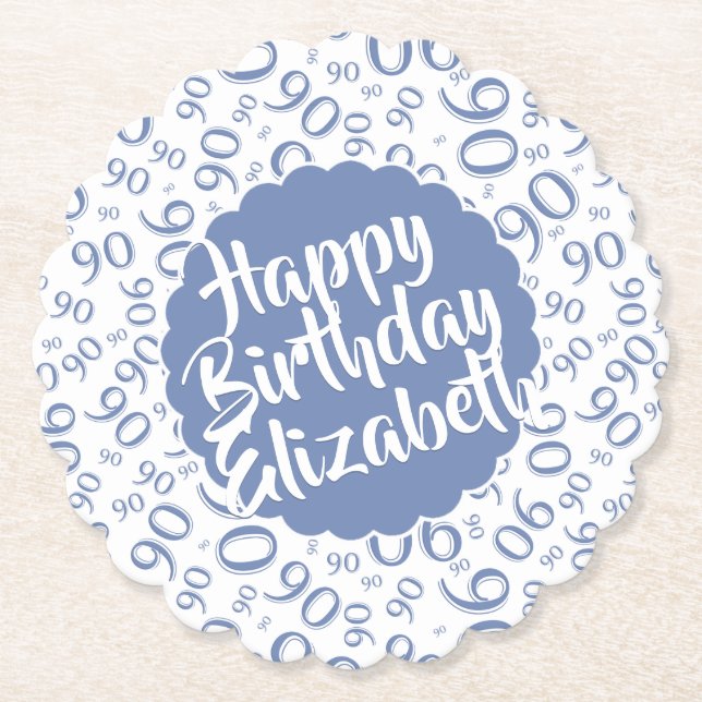 Name:  90th Birthday Random Number Pattern Blue Paper Coaster (Front)