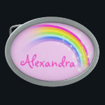 Name 9 letters rainbow pink oval belt buckle<br><div class="desc">Named rainbow belt buckle,  currently reads,  Alexandra or personalise with the longer name of your choice (up to 9 letters only). Design inspired from the many beautiful rainbows here in Victoria,  Australia. Item designed exclusively by Sarah Trett.</div>