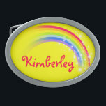 Name 9 letters rainbow yellow oval belt buckle<br><div class="desc">Named rainbow belt buckle,  currently reads,  Kimberley or personalise with the longer name of your choice (up to 9 letters only). Design inspired from the many beautiful rainbows here in Victoria,  Australia. Item designed exclusively by Sarah Trett.</div>