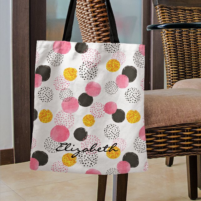 Name, Abstract Pattern Pink Black Gold Circles Tote Bag (Creator Uploaded)