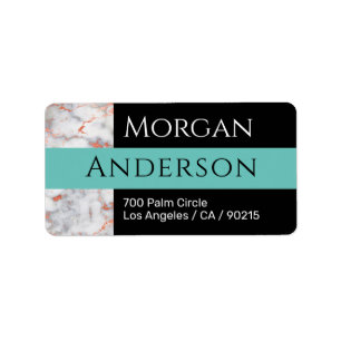 Name & Address, White & Rose Gold Marble, Lt Teal Label