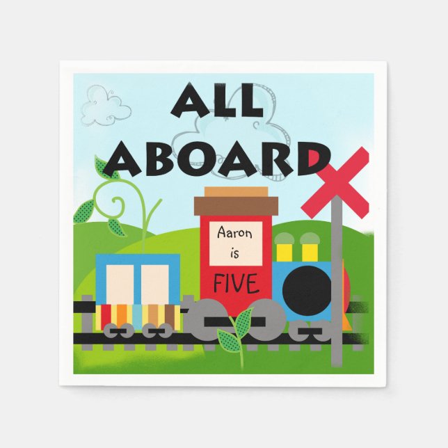Name Age All Aboard Train Birthday Paper Napkins (Front)