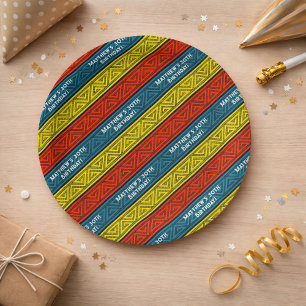 Name & Age Birthday Party Celtic Stripe Red Blue Paper Plate