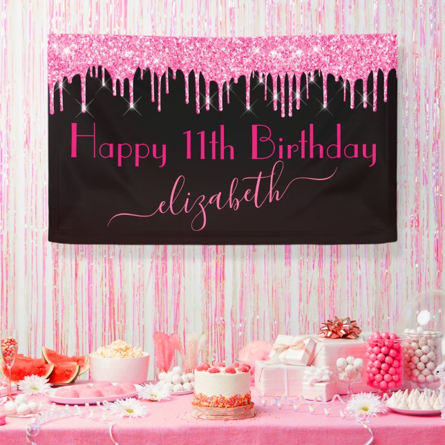 Name Age Hot Pink Dripping Glitter Black Birthday Banner (Creator Uploaded)