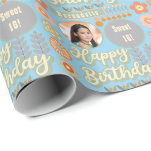 Name Age Photo Retro Vintage Daisy Flower Birthday Wrapping Paper