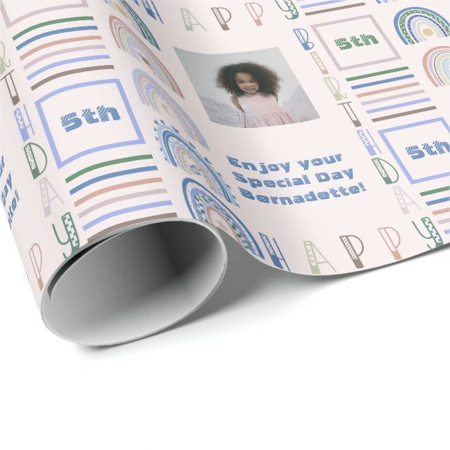 Name Age Sentiment Boho Rainbow Pink Blue Green Wrapping Paper (Roll Corner)