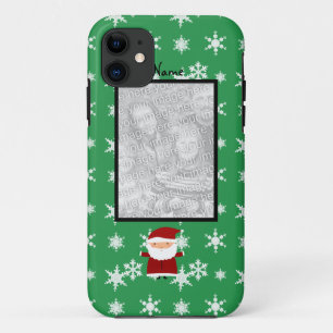 Name and add your own photo santa green snowflakes iPhone 11 case