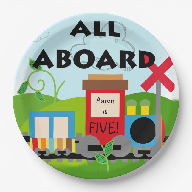Name and Age All Aboard Train Happy Birthday Paper Plate (Front)