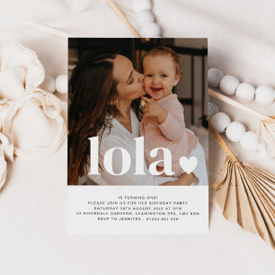 Name and Heart Photo First Birthday Invitation