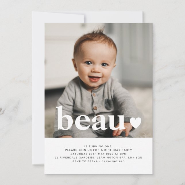 Name and Heart Photo First Birthday Invitation  (Front)