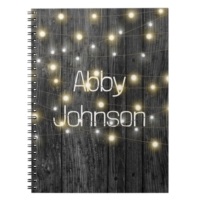 Name and Light String on Black Wood Notebook (Front)