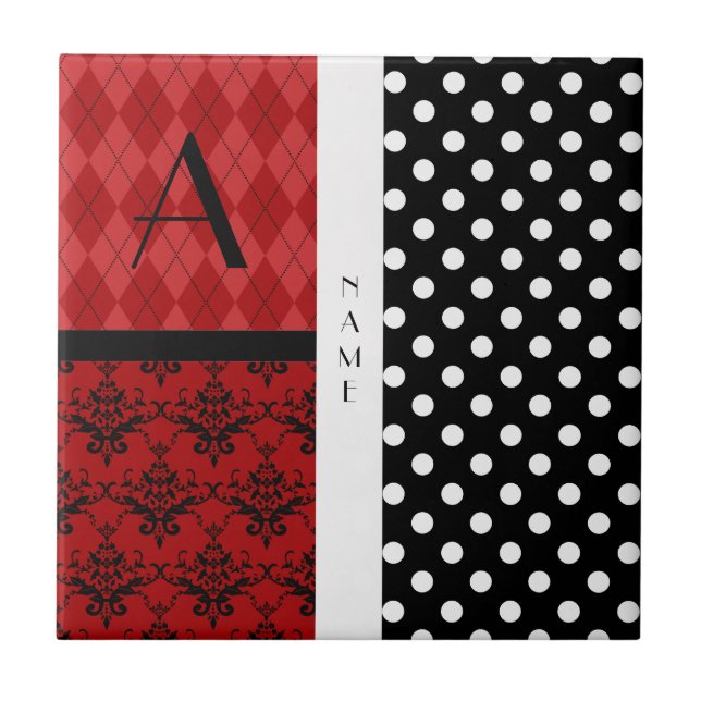 Name and monogram black and white polka dots ceramic tile (Front)