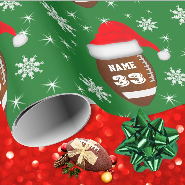Name and Number Football Christmas Wrapping Paper (Football Christmas Wrapping Paper. Gift Wrap for Football. Personalized, football gift wrap. Green.)