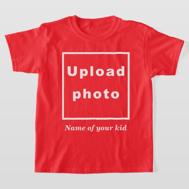 Name and Photo of Your Kid on Red Kids T-Shirt (Laydown)