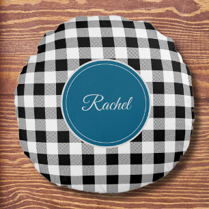 Name, Any Dark Colour, Black White Buffalo Check Round Cushion