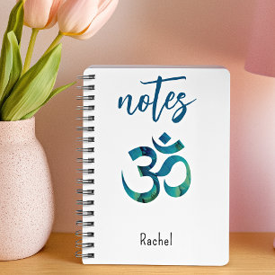 Name, Aqua Bird Feather Pattern Om Symbol Notebook