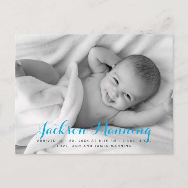Name | Baby Boy Blue Script Photo Announcement Postcard (Front)