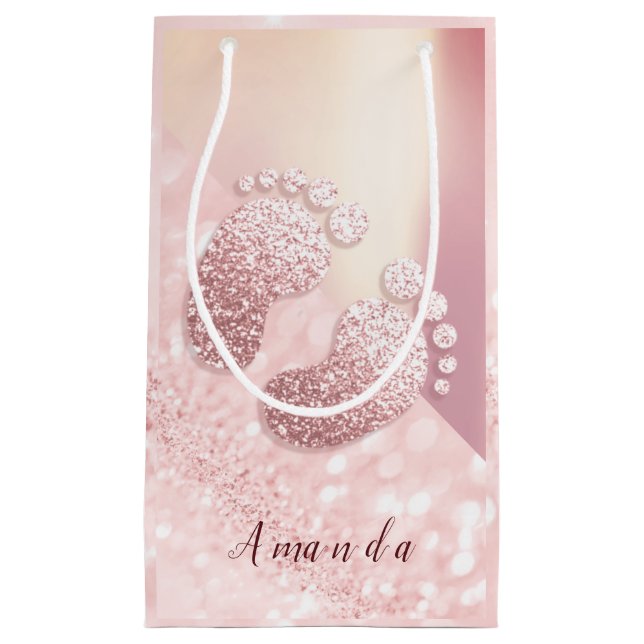 Name Baby Feet Rose Gold Baby Shower Pink Blush Small Gift Bag (Front)