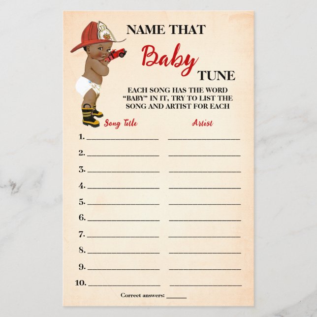 Name Baby Tune AA Fireman Baby Shower Game Card (Front)