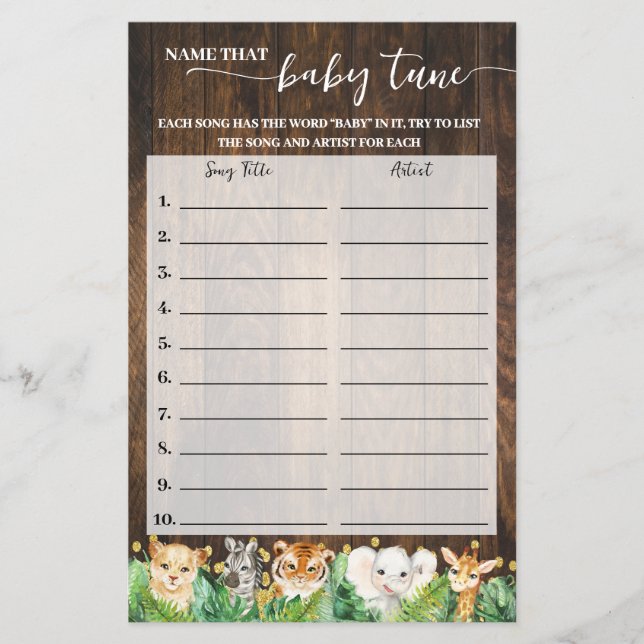 Name Baby Tune Safari Baby Shower Game Card (Front)