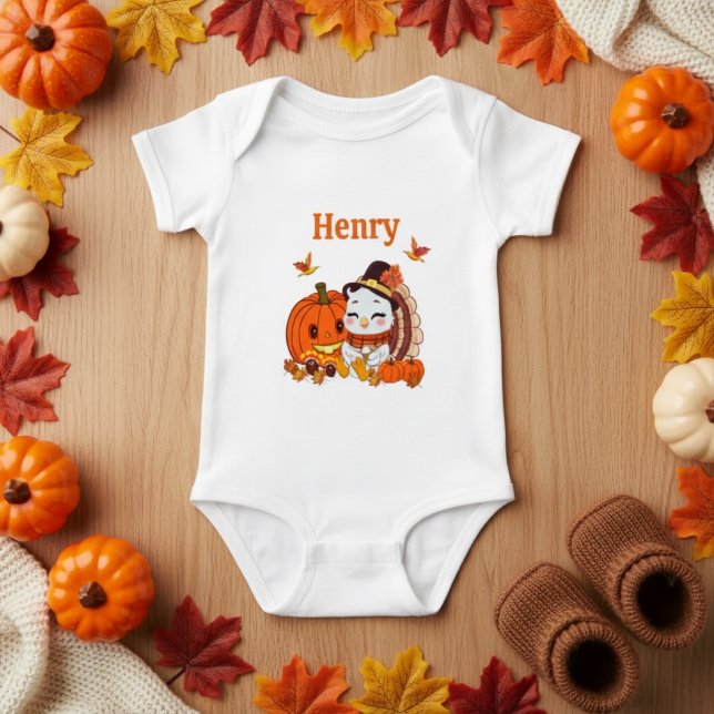 Name Baby Turkey And Pumpkin Thanksgiving  Bodysuit (Creator Uploaded)