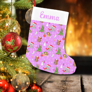 Name Baby Zoo Animals Celebrating Christmas Pink  Small Christmas Stocking