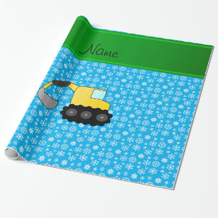 Name backhoe sky blue christmas snowflakes wrapping paper
