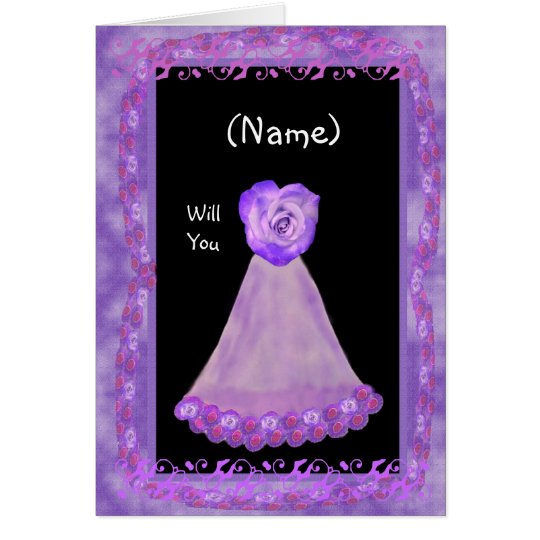 NAME Be My Bridesmaid with PURPLE Gown & Rose Card