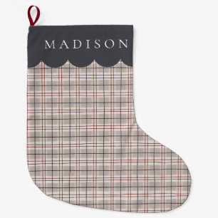 Name Beige Tartan Plaid Large Christmas Stocking