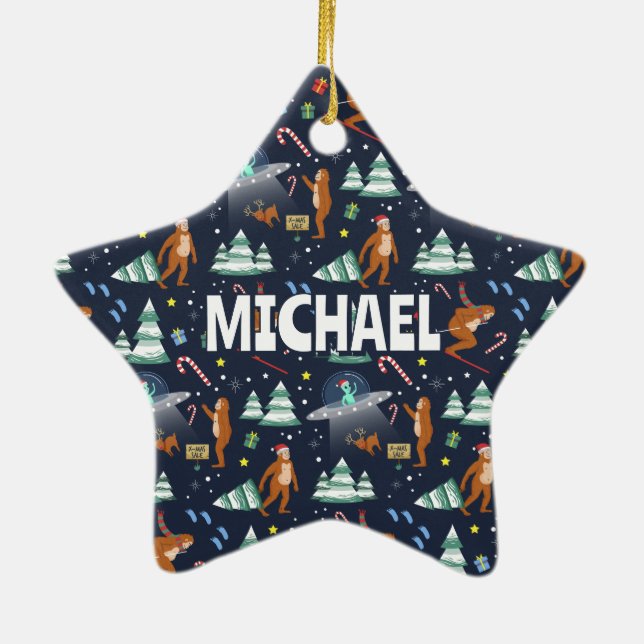 NAME - Big Foot, Aliens, & Reindeer Christmas Ceramic Ornament (Back)