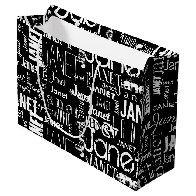 Name Black White Typography Word Cloud Large Gift Bag (Front Angled)