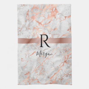 Name/Blk Monogram, White & Rose Gold Marble, Vs 2 Tea Towel