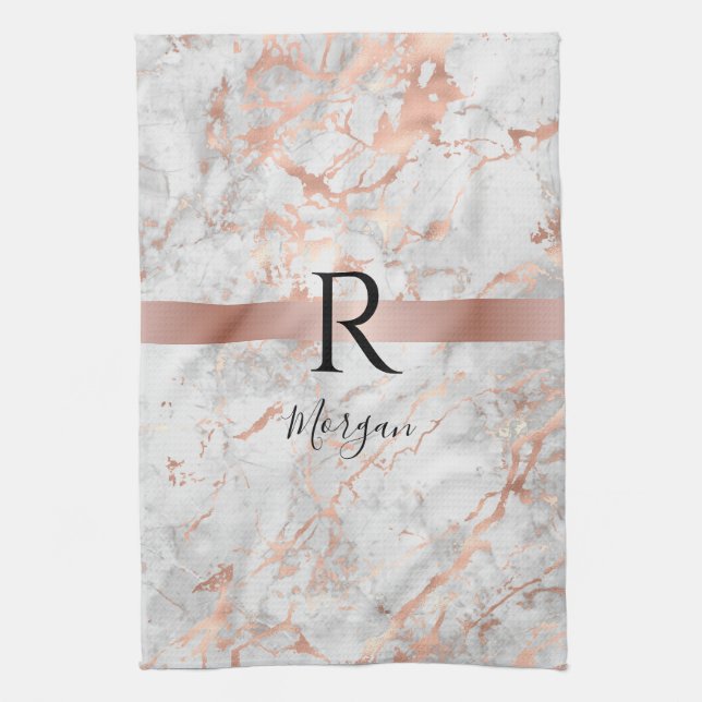 Name/Blk Monogram, White & Rose Gold Marble, Vs 2 Tea Towel (Vertical)