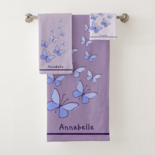 Name Blue Butterfly Doodle Kaleidoscope Lavender Bath Towel Set