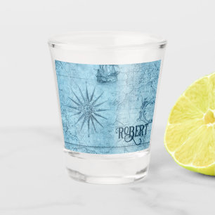 Name, Blue Faux Old World Map 1.5oz Shot Glass