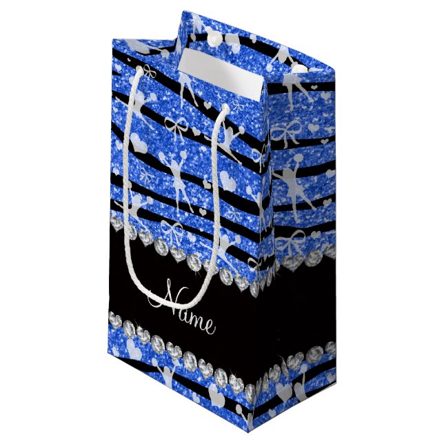 Name blue glitter zebra stripes cheerleading small gift bag (Front Angled)