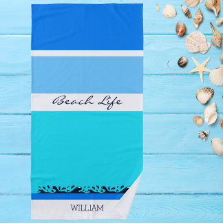 Name Blue Ocean Stripes Chic Beach Towel
