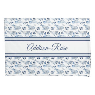 Name Blue White Whale Ocean Pattern Nursery Pillowcase