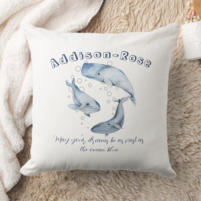 Name Blue White Whale Ocean Theme Nursery  Cushion (Blanket)