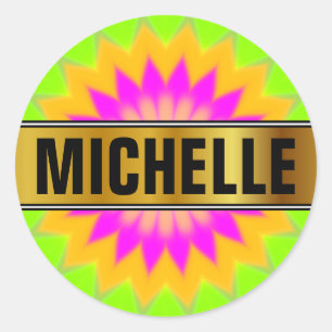 Name + Blurry Vibrant Bursting Flower-Like Pattern Classic Round Sticker