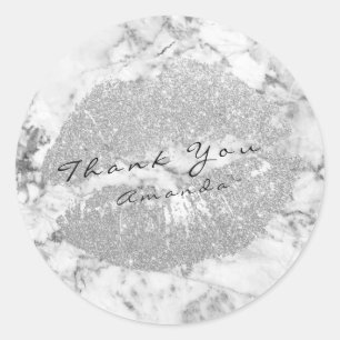 Name Branding Thank Kiss Silver Glitter Marble Gra Classic Round Sticker