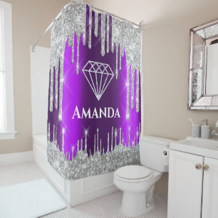 Name Bridal Glitter Drips Gray Purple Diamond Shower Curtain
