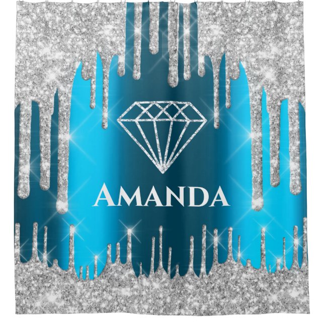 Name Bridal Glitter Drips Grey Teal Blue Diamond Shower Curtain (Front)