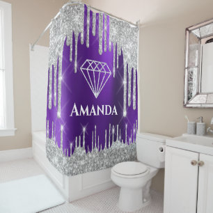 Name Bridal Glitter Drips Grey Violet Diamond Shower Curtain